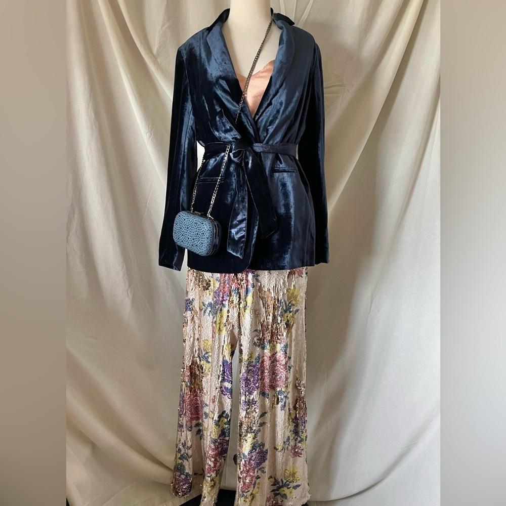 Forever 21 Floral Gold Flip Sequin High Waisted Wide Leg Pants sz L NWT - Picture 4 of 8